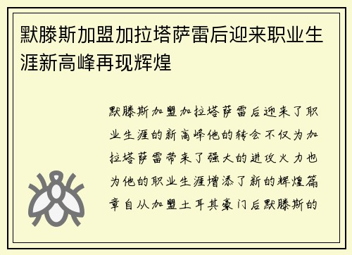 默滕斯加盟加拉塔萨雷后迎来职业生涯新高峰再现辉煌