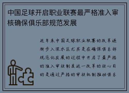 中国足球开启职业联赛最严格准入审核确保俱乐部规范发展